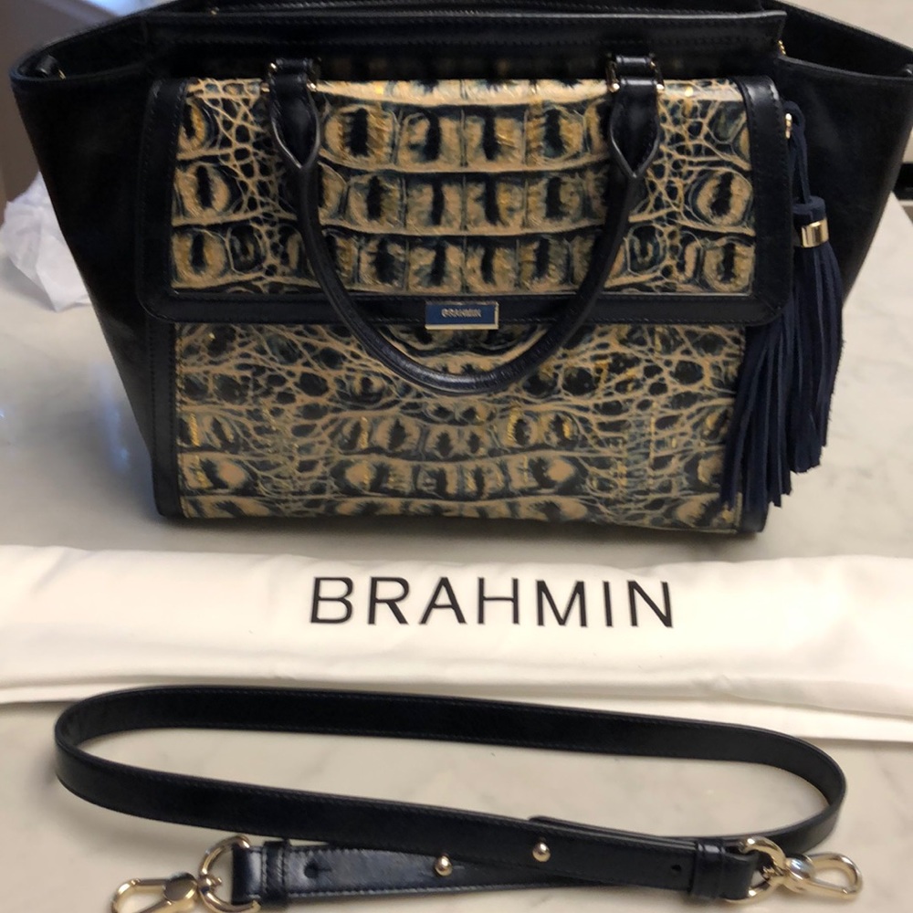 Brahmin Taylor Cosmos Navy and Gold Tote Bag